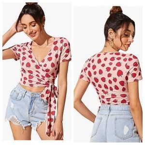 SHEIN | V-Neck Tie-Waist Wrap Cropped Blouse in Strawberry Pink, size XL